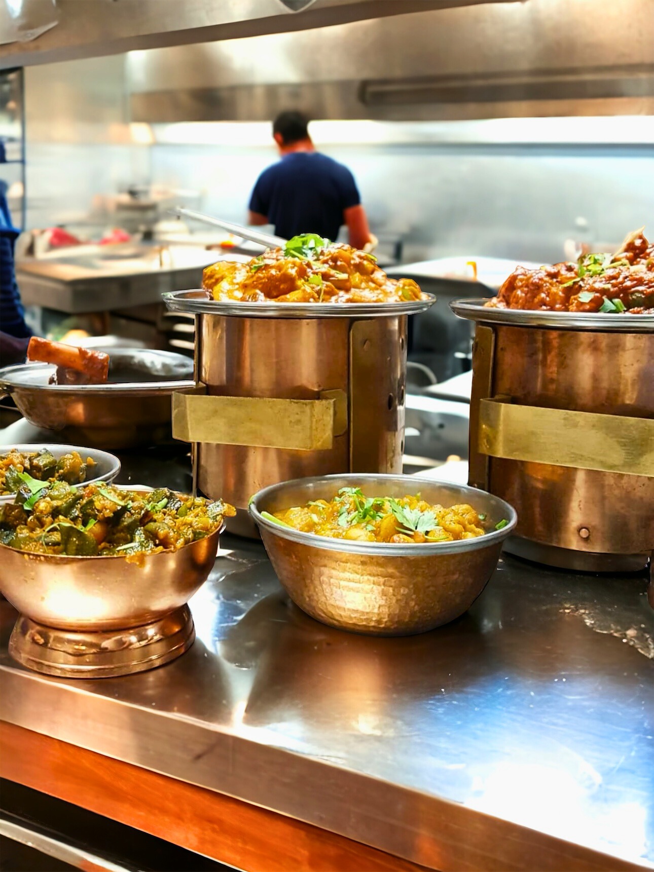 Chefs plating curries in the Rasoi kitchen